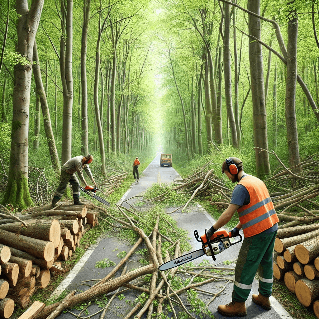 Trois bénévoles équipés de tronçonneuses et de matériel de sécurité en train de dégager une parcelle boisée au printemps. Les arbres ont des feuilles vertes et le travail se fait le long d’une petite route rurale.