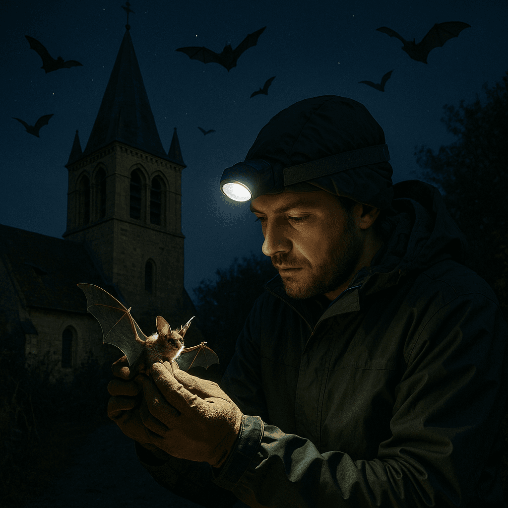 Mammalogiste tenant une chauve-souris dans ses mains gantées, avec un clocher d'église en arrière-plan et des chauves-souris volant dans le ciel nocturne étoilé.