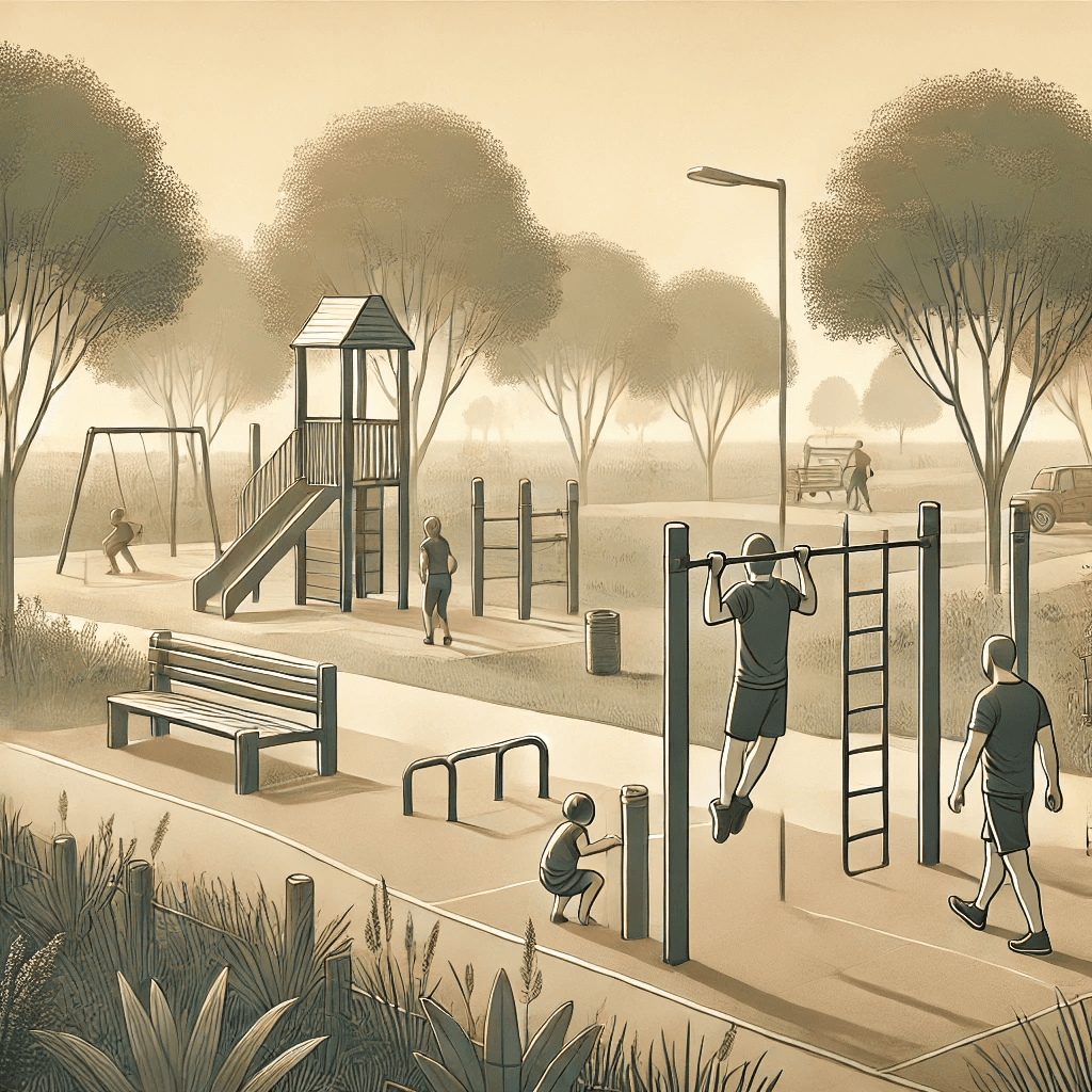 Parc ouvert avec peu de végétation, quelques arbres épars et des équipements de sport et de loisirs. Un adulte utilise un appareil de fitness, un enfant joue à proximité et une autre personne marche sur un sentier dans un cadre calme et dégagé, sans bâtiments visibles.