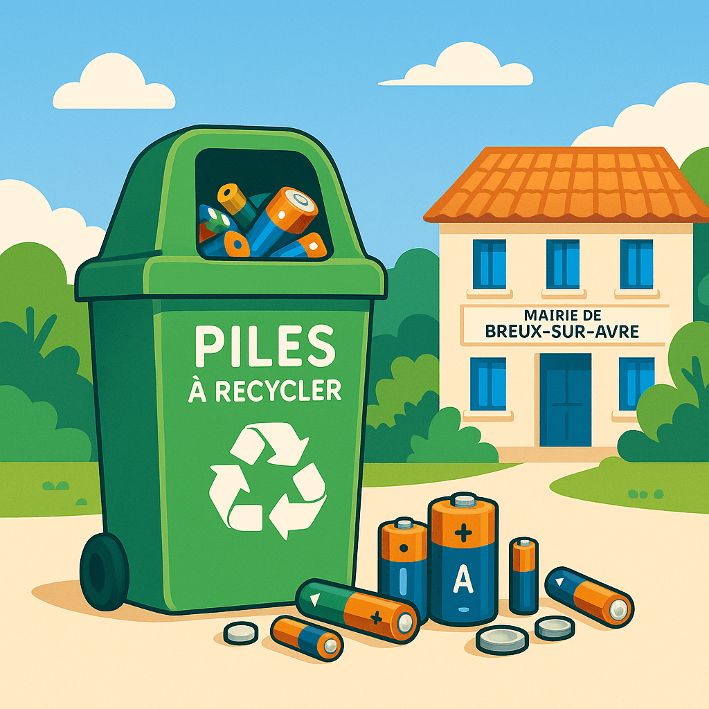 Illustration d’un bac de collecte de piles posé devant la mairie de Breux-sur-Avre