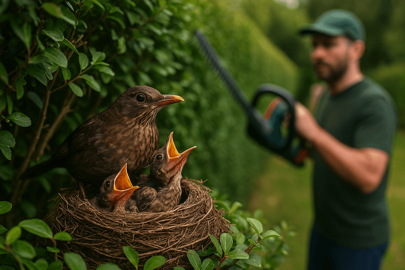 Illustration d’un jardinier taillant une haie au printemps alors qu'un nid d'oiseau est visible sur une branche.