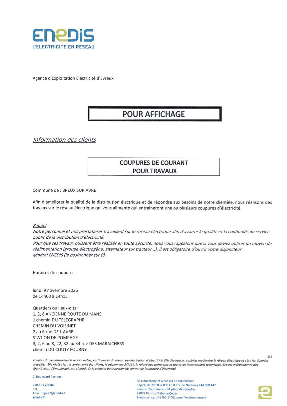 Coupure de courant — 9 novembre 2026 (Enedis)