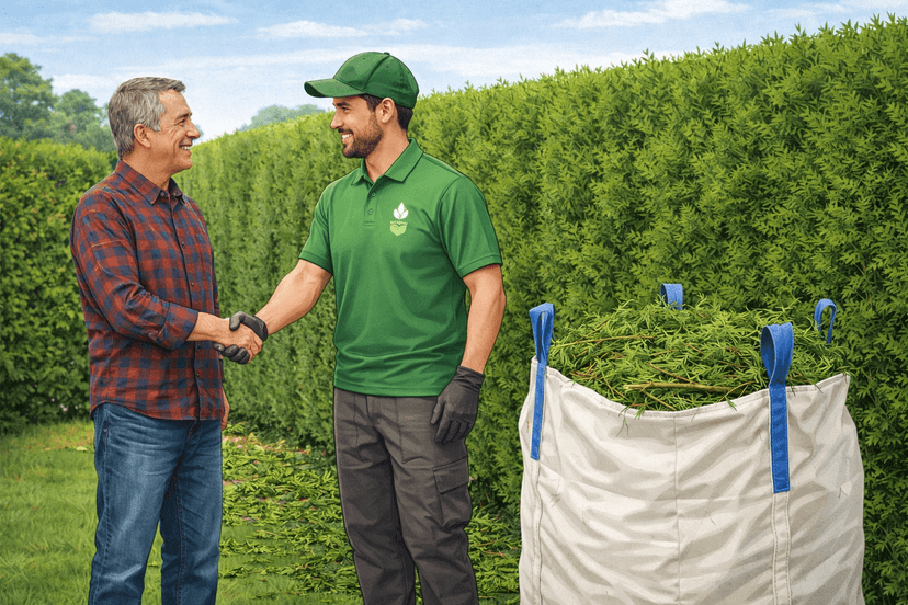 Illustration d'une haie de thuya taillée et d'un BigBag de collecte.