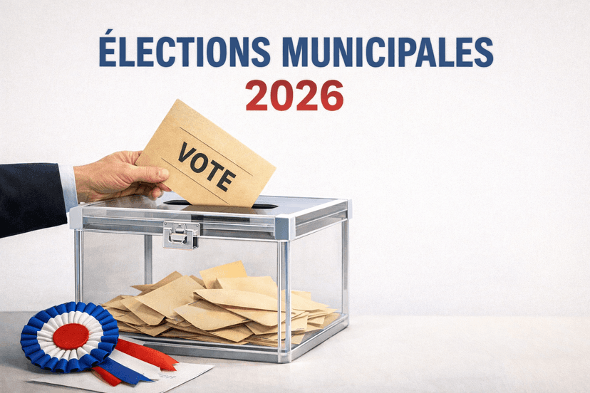 Urne électorale avec bulletin de vote et titre Élections municipales 2026