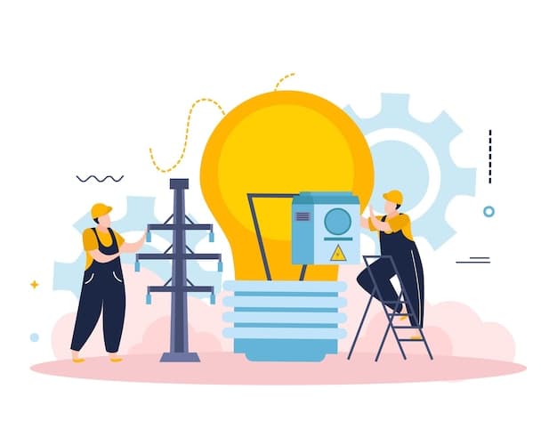 électricité composition d'éclairage avec personnages électriciens avec ligne électrique lampe à engrenage