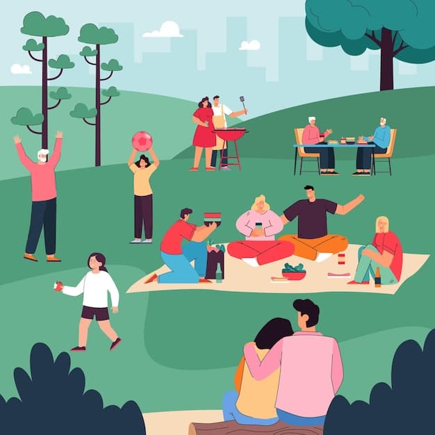 Illustration de personnes heureuses mangeant, jouant et buvant ensemble, famille caricaturale se reposant pendant un pique-nique dans un parc urbain